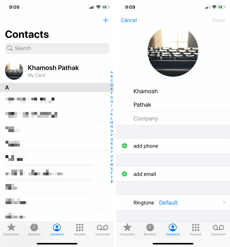 Contacts آیفون